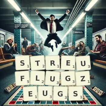 Kreative Illustration für ein Scrabble-Spiel, bei dem das Wort STREUFLUGZEUGS mit Steinen auf dem Brett gelegt wurde.