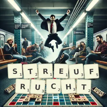 Kreative Illustration für ein Scrabble-Spiel, bei dem das Wort STREUFRUCHT mit Steinen auf dem Brett gelegt wurde.