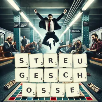 Kreative Illustration für ein Scrabble-Spiel, bei dem das Wort STREUGESCHOSSE mit Steinen auf dem Brett gelegt wurde.