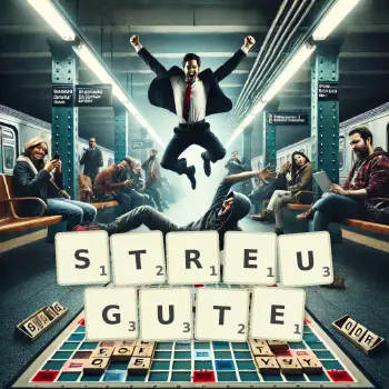 Kreative Illustration für ein Scrabble-Spiel, bei dem das Wort STREUGUTE mit Steinen auf dem Brett gelegt wurde.