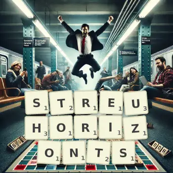 Kreative Illustration für ein Scrabble-Spiel, bei dem das Wort STREUHORIZONTS mit Steinen auf dem Brett gelegt wurde.