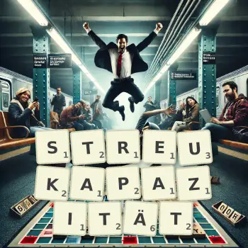 Kreative Illustration für ein Scrabble-Spiel, bei dem das Wort STREUKAPAZITÄT mit Steinen auf dem Brett gelegt wurde.