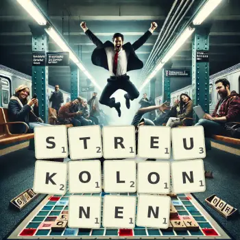 Kreative Illustration für ein Scrabble-Spiel, bei dem das Wort STREUKOLONNEN mit Steinen auf dem Brett gelegt wurde.