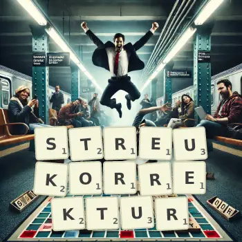Kreative Illustration für ein Scrabble-Spiel, bei dem das Wort STREUKORREKTUR mit Steinen auf dem Brett gelegt wurde.