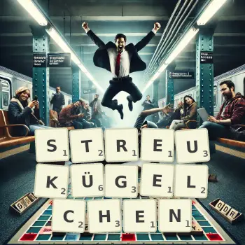 Kreative Illustration für ein Scrabble-Spiel, bei dem das Wort STREUKÜGELCHEN mit Steinen auf dem Brett gelegt wurde.