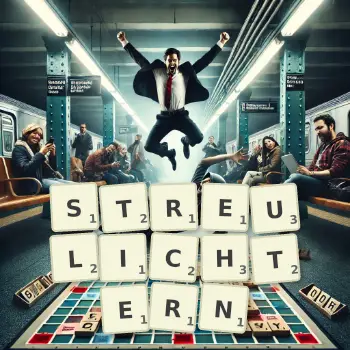 Kreative Illustration für ein Scrabble-Spiel, bei dem das Wort STREULICHTERN mit Steinen auf dem Brett gelegt wurde.