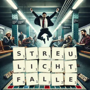 Kreative Illustration für ein Scrabble-Spiel, bei dem das Wort STREULICHTFALLE mit Steinen auf dem Brett gelegt wurde.
