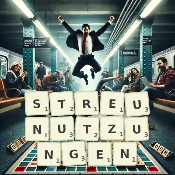 Kreative Illustration für ein Scrabble-Spiel, bei dem das Wort STREUNUTZUNGEN mit Steinen auf dem Brett gelegt wurde.