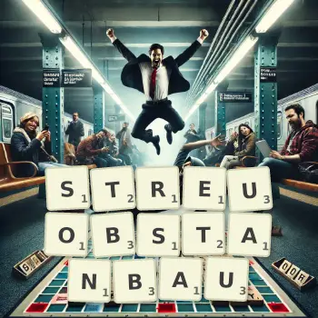 Kreative Illustration für ein Scrabble-Spiel, bei dem das Wort STREUOBSTANBAU mit Steinen auf dem Brett gelegt wurde.