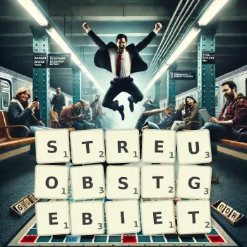 Kreative Illustration für ein Scrabble-Spiel, bei dem das Wort STREUOBSTGEBIET mit Steinen auf dem Brett gelegt wurde.
