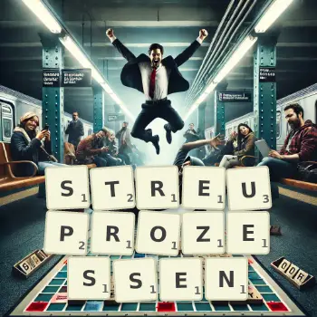 Kreative Illustration für ein Scrabble-Spiel, bei dem das Wort STREUPROZESSEN mit Steinen auf dem Brett gelegt wurde.