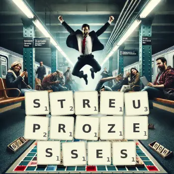 Kreative Illustration für ein Scrabble-Spiel, bei dem das Wort STREUPROZESSES mit Steinen auf dem Brett gelegt wurde.