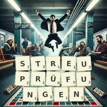 Kreative Illustration für ein Scrabble-Spiel, bei dem das Wort STREUPRÜFUNGEN mit Steinen auf dem Brett gelegt wurde.