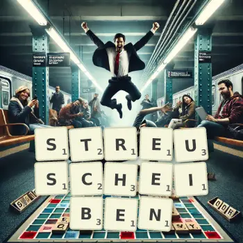 Kreative Illustration für ein Scrabble-Spiel, bei dem das Wort STREUSCHEIBEN mit Steinen auf dem Brett gelegt wurde.