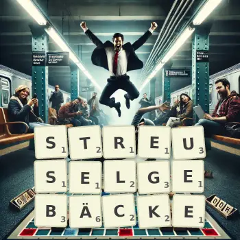 Kreative Illustration für ein Scrabble-Spiel, bei dem das Wort STREUSELGEBÄCKE mit Steinen auf dem Brett gelegt wurde.