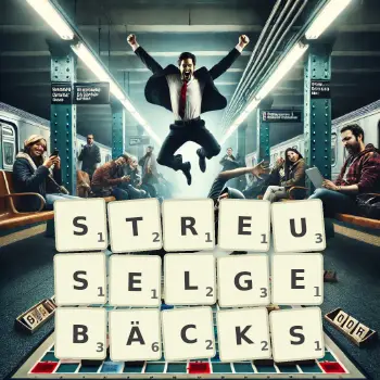 Kreative Illustration für ein Scrabble-Spiel, bei dem das Wort STREUSELGEBÄCKS mit Steinen auf dem Brett gelegt wurde.