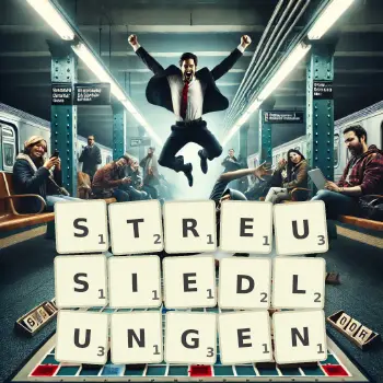 Kreative Illustration für ein Scrabble-Spiel, bei dem das Wort STREUSIEDLUNGEN mit Steinen auf dem Brett gelegt wurde.