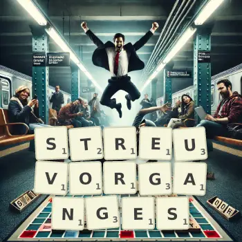 Kreative Illustration für ein Scrabble-Spiel, bei dem das Wort STREUVORGANGES mit Steinen auf dem Brett gelegt wurde.