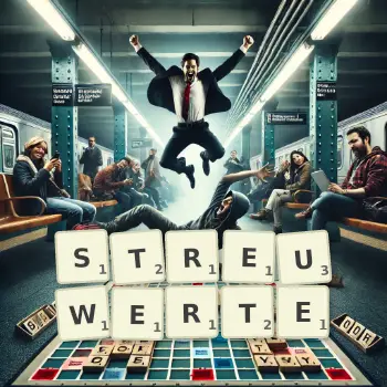 Kreative Illustration für ein Scrabble-Spiel, bei dem das Wort STREUWERTE mit Steinen auf dem Brett gelegt wurde.