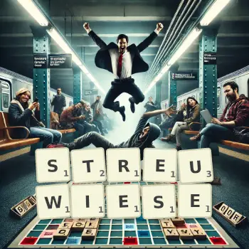 Kreative Illustration für ein Scrabble-Spiel, bei dem das Wort STREUWIESE mit Steinen auf dem Brett gelegt wurde.