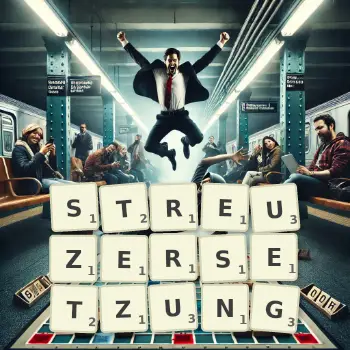 Kreative Illustration für ein Scrabble-Spiel, bei dem das Wort STREUZERSETZUNG mit Steinen auf dem Brett gelegt wurde.