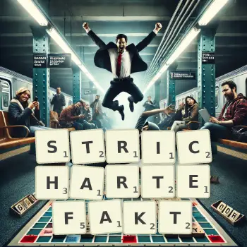 Kreative Illustration für ein Scrabble-Spiel, bei dem das Wort STRICHARTEFAKT mit Steinen auf dem Brett gelegt wurde.