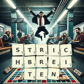 Kreative Illustration für ein Scrabble-Spiel, bei dem das Wort STRICHBREITEN mit Steinen auf dem Brett gelegt wurde.