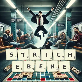 Kreative Illustration für ein Scrabble-Spiel, bei dem das Wort STRICHEBENE mit Steinen auf dem Brett gelegt wurde.