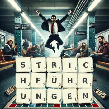 Kreative Illustration für ein Scrabble-Spiel, bei dem das Wort STRICHFÜHRUNGEN mit Steinen auf dem Brett gelegt wurde.