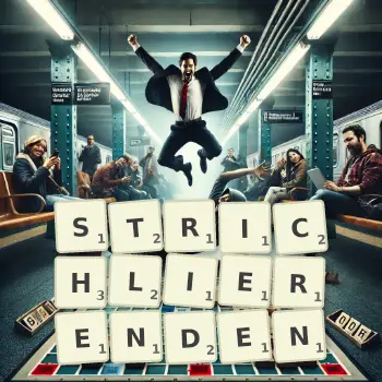 Kreative Illustration für ein Scrabble-Spiel, bei dem das Wort STRICHLIERENDEN mit Steinen auf dem Brett gelegt wurde.