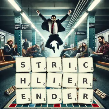 Kreative Illustration für ein Scrabble-Spiel, bei dem das Wort STRICHLIERENDER mit Steinen auf dem Brett gelegt wurde.