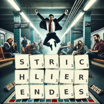 Kreative Illustration für ein Scrabble-Spiel, bei dem das Wort STRICHLIERENDES mit Steinen auf dem Brett gelegt wurde.