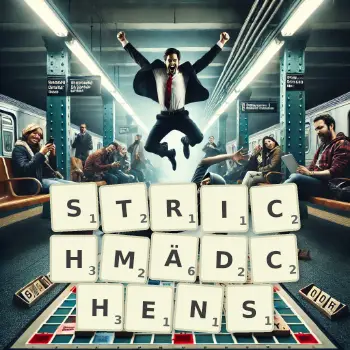 Kreative Illustration für ein Scrabble-Spiel, bei dem das Wort STRICHMÄDCHENS mit Steinen auf dem Brett gelegt wurde.