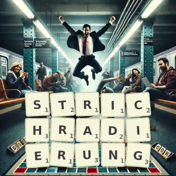 Kreative Illustration für ein Scrabble-Spiel, bei dem das Wort STRICHRADIERUNG mit Steinen auf dem Brett gelegt wurde.