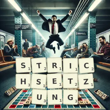 Kreative Illustration für ein Scrabble-Spiel, bei dem das Wort STRICHSETZUNG mit Steinen auf dem Brett gelegt wurde.