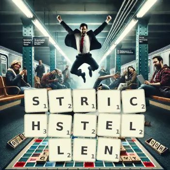 Kreative Illustration für ein Scrabble-Spiel, bei dem das Wort STRICHSTELLEN mit Steinen auf dem Brett gelegt wurde.