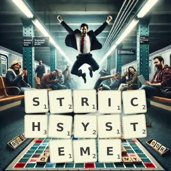 Kreative Illustration für ein Scrabble-Spiel, bei dem das Wort STRICHSYSTEME mit Steinen auf dem Brett gelegt wurde.