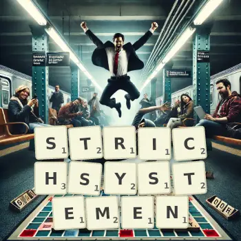 Kreative Illustration für ein Scrabble-Spiel, bei dem das Wort STRICHSYSTEMEN mit Steinen auf dem Brett gelegt wurde.