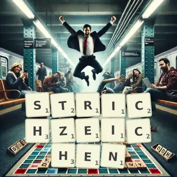 Kreative Illustration für ein Scrabble-Spiel, bei dem das Wort STRICHZEICHEN mit Steinen auf dem Brett gelegt wurde.