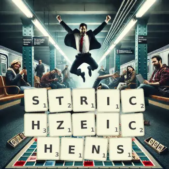 Kreative Illustration für ein Scrabble-Spiel, bei dem das Wort STRICHZEICHENS mit Steinen auf dem Brett gelegt wurde.