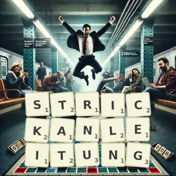 Kreative Illustration für ein Scrabble-Spiel, bei dem das Wort STRICKANLEITUNG mit Steinen auf dem Brett gelegt wurde.