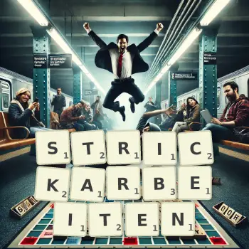 Kreative Illustration für ein Scrabble-Spiel, bei dem das Wort STRICKARBEITEN mit Steinen auf dem Brett gelegt wurde.