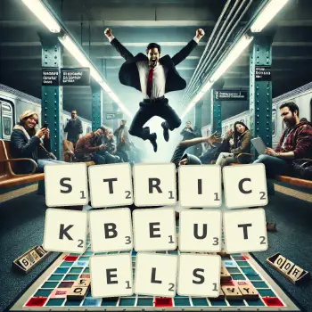 Kreative Illustration für ein Scrabble-Spiel, bei dem das Wort STRICKBEUTELS mit Steinen auf dem Brett gelegt wurde.