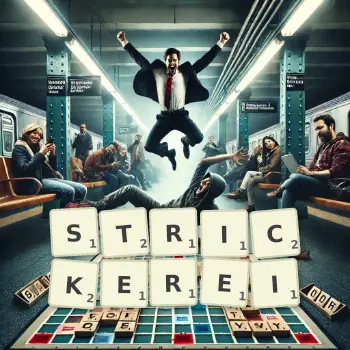Kreative Illustration für ein Scrabble-Spiel, bei dem das Wort STRICKEREI mit Steinen auf dem Brett gelegt wurde.