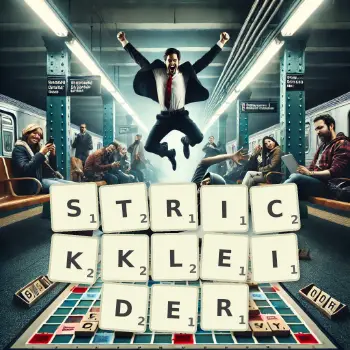 Kreative Illustration für ein Scrabble-Spiel, bei dem das Wort STRICKKLEIDER mit Steinen auf dem Brett gelegt wurde.