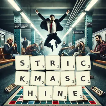 Kreative Illustration für ein Scrabble-Spiel, bei dem das Wort STRICKMASCHINE mit Steinen auf dem Brett gelegt wurde.