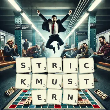 Kreative Illustration für ein Scrabble-Spiel, bei dem das Wort STRICKMUSTERN mit Steinen auf dem Brett gelegt wurde.