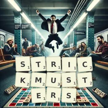 Kreative Illustration für ein Scrabble-Spiel, bei dem das Wort STRICKMUSTERS mit Steinen auf dem Brett gelegt wurde.