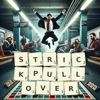 Kreative Illustration für ein Scrabble-Spiel, bei dem das Wort STRICKPULLOVER mit Steinen auf dem Brett gelegt wurde.