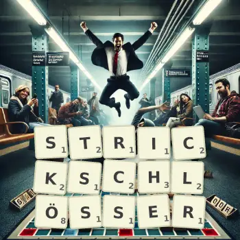 Kreative Illustration für ein Scrabble-Spiel, bei dem das Wort STRICKSCHLÖSSER mit Steinen auf dem Brett gelegt wurde.